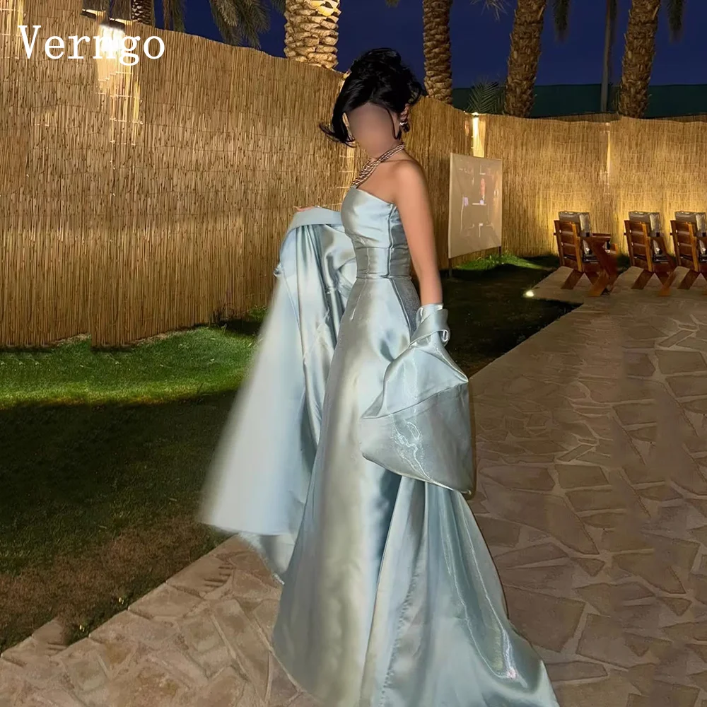 

Verngo Blue Shiny Satin Evening Dress Strapless A Line Shawl Formal Occasion Dress Modest Prom Gown 2026 Customized