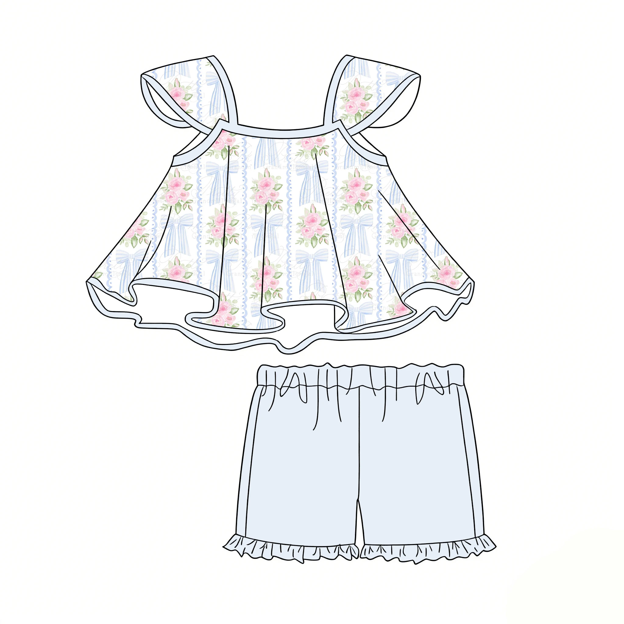 Boutique Children's Best-Seller Girls' Set Short-sleeve dress top Paired with Shorts bow flowers print Custom Wholesale