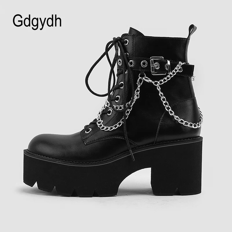 Gdgydh Women Combat Boots Lace Up Black Platform Waterproof Chunky Heels Chain Studded Gothic Ankle Boots Buckle Strap and Zip