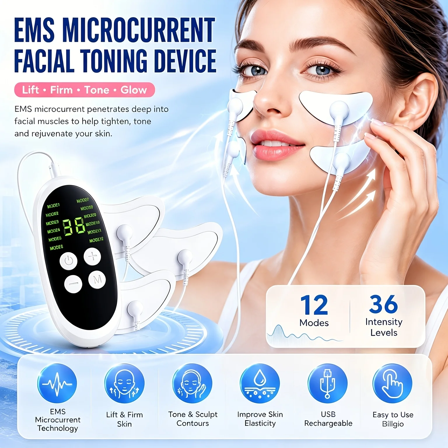 EMS Microcurrent Facial Massager for Women 12 Modes 36 Intensity Levels Face Lifting Skin Tightening Eye Care Device Non-Invasive Anti Aging Beauty Tool USB Rechargeable Facial Toning Sculpting Home Skincare Device