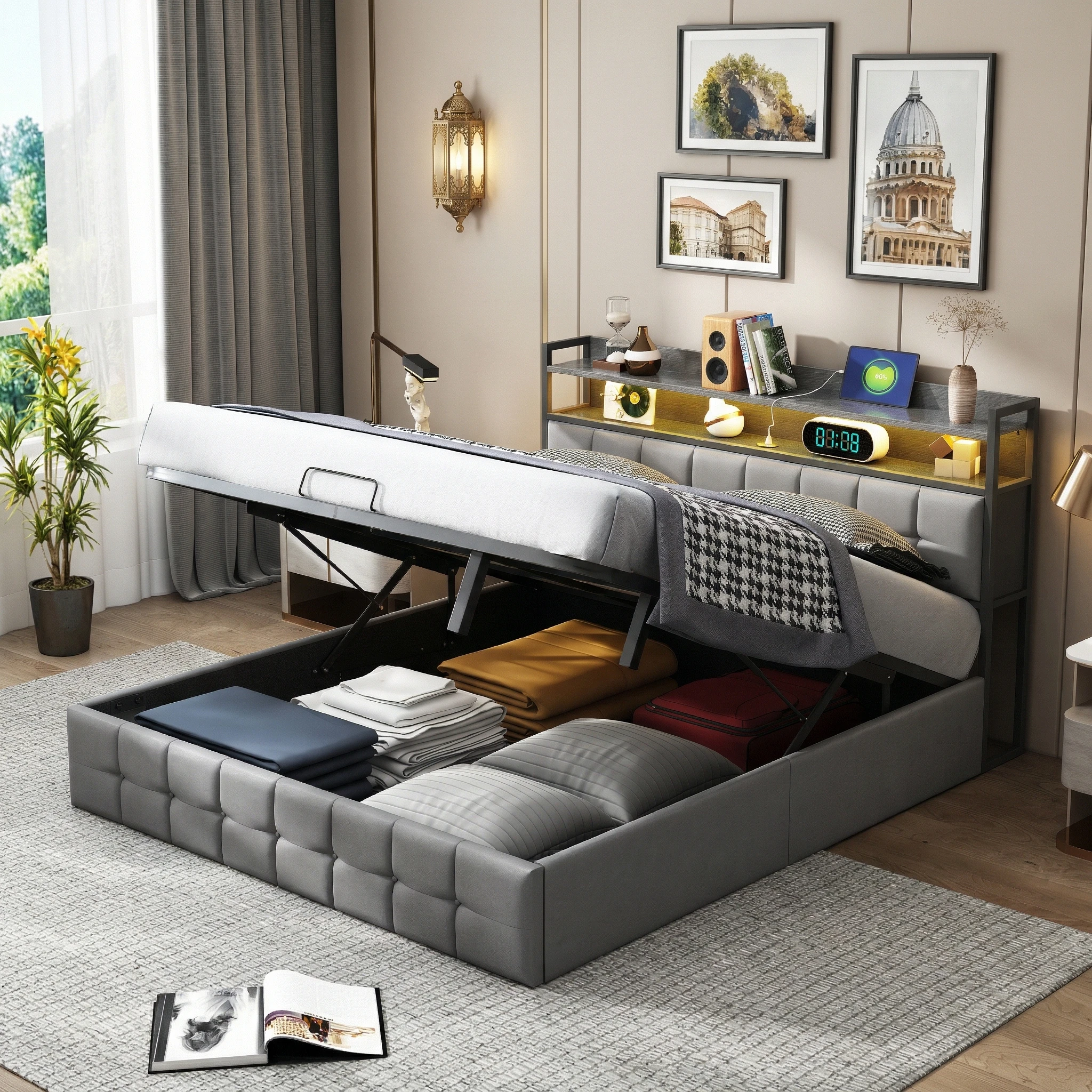 Cama canapé 140x190 cm con LED y USB, cama tapizada terciopelo con cabecero estantería, almacenaje hidráulico, somier de láminas, gris
