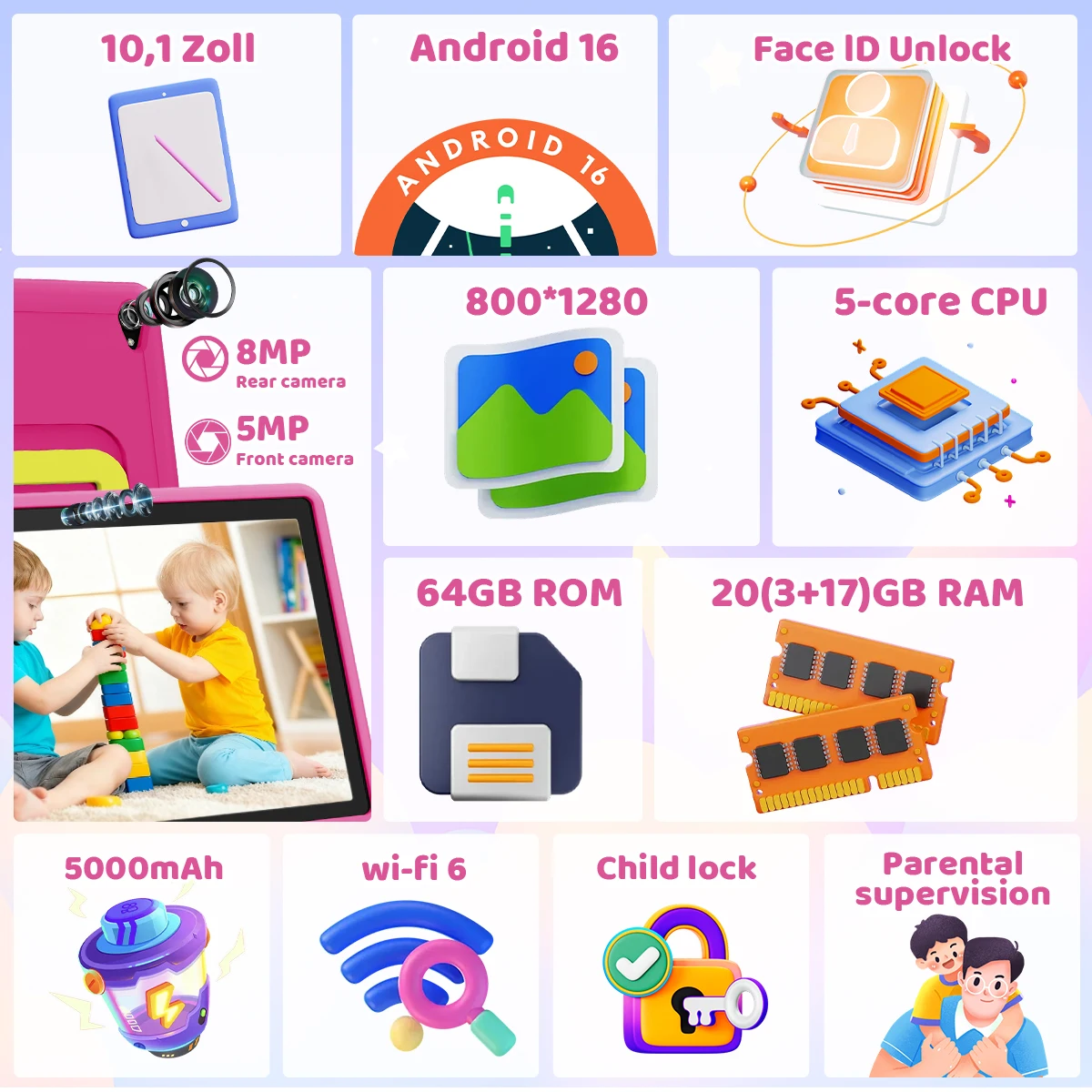 Kids Tablet 10.1 Inch Android 16 Tablet PC 20(3+17)GB RAM 64GB ROM A333 Five‑Core HD LCD Display 5000mAh Children Learning Tablet Only Tablet No Accessories Pink Green