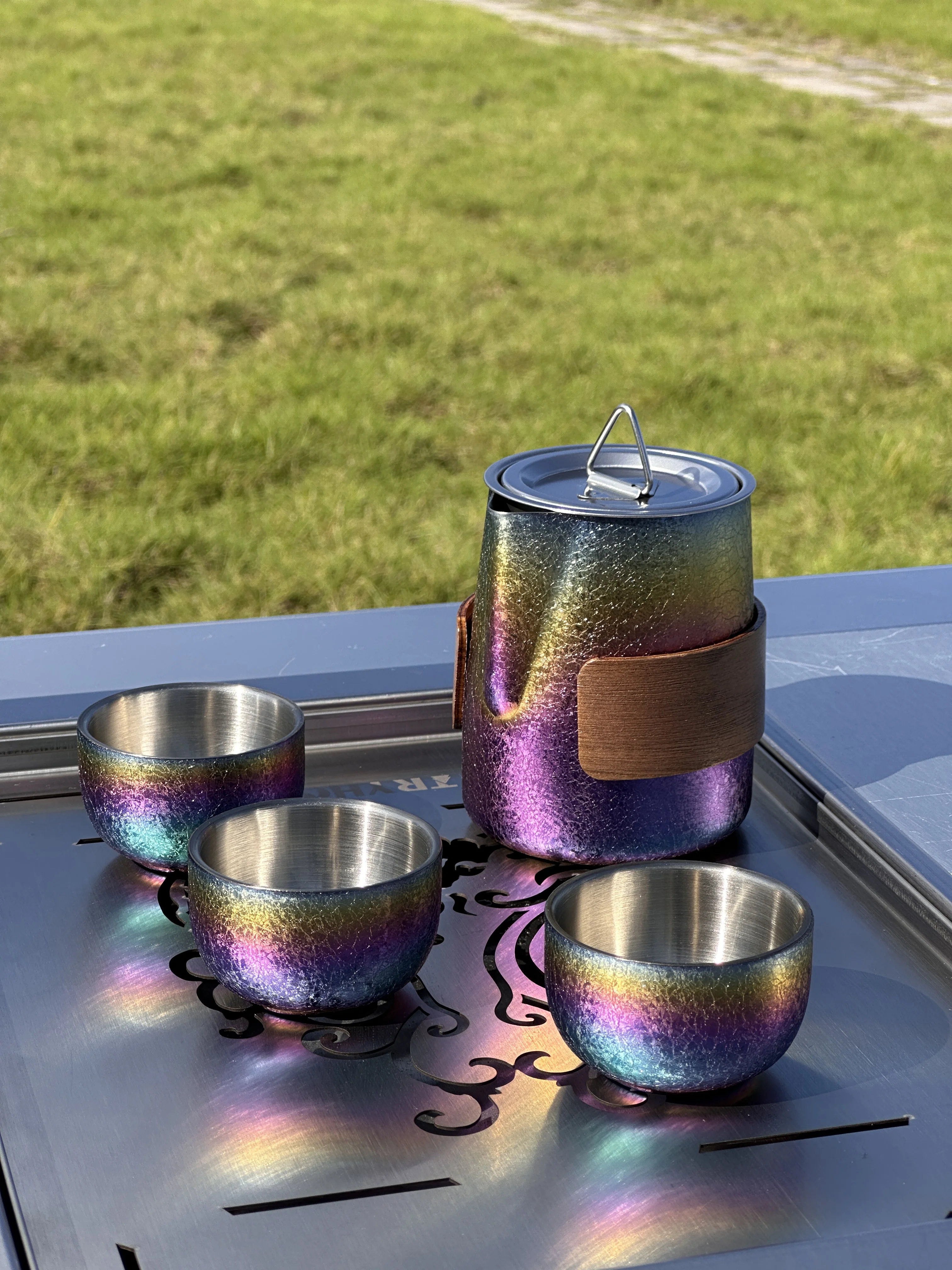 

Красочная титановая чашка для улицы с трещинами льда - чашка из титанового сплава для кемпинга и путешествий на открытом воздухе - портативный набор чайных чашек