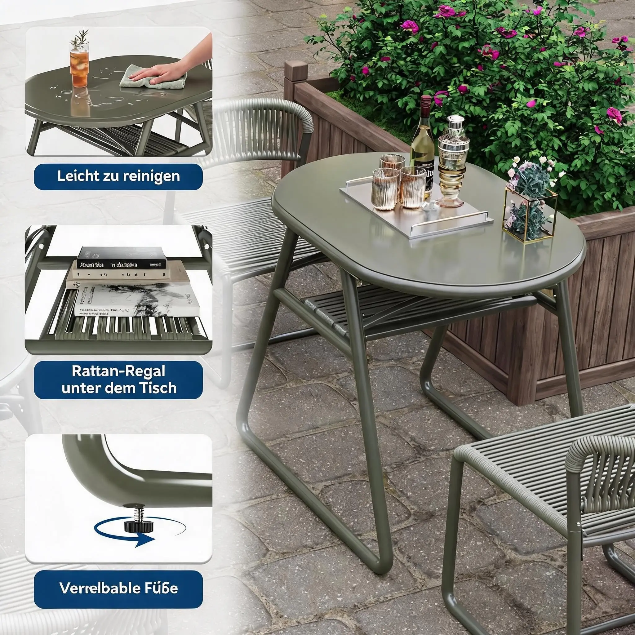 Table de bistrot avec 2 chaises, ensemble bistrot moderne 3 pièces pour jardin, ensemble de meubles de balcon avec table de 80 cm et 2 chaises, ensemble de meubles de terrasse résistant aux intempéries pour petit balcon (vert gris)