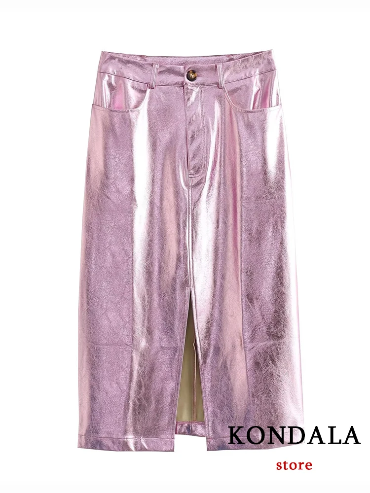 KONDALA Chic Glamorous Metallic Pink Skirt High Waist Button Zipper Split Crinkled Texture 2023 Autumn Y2K New Women Midi Skirt