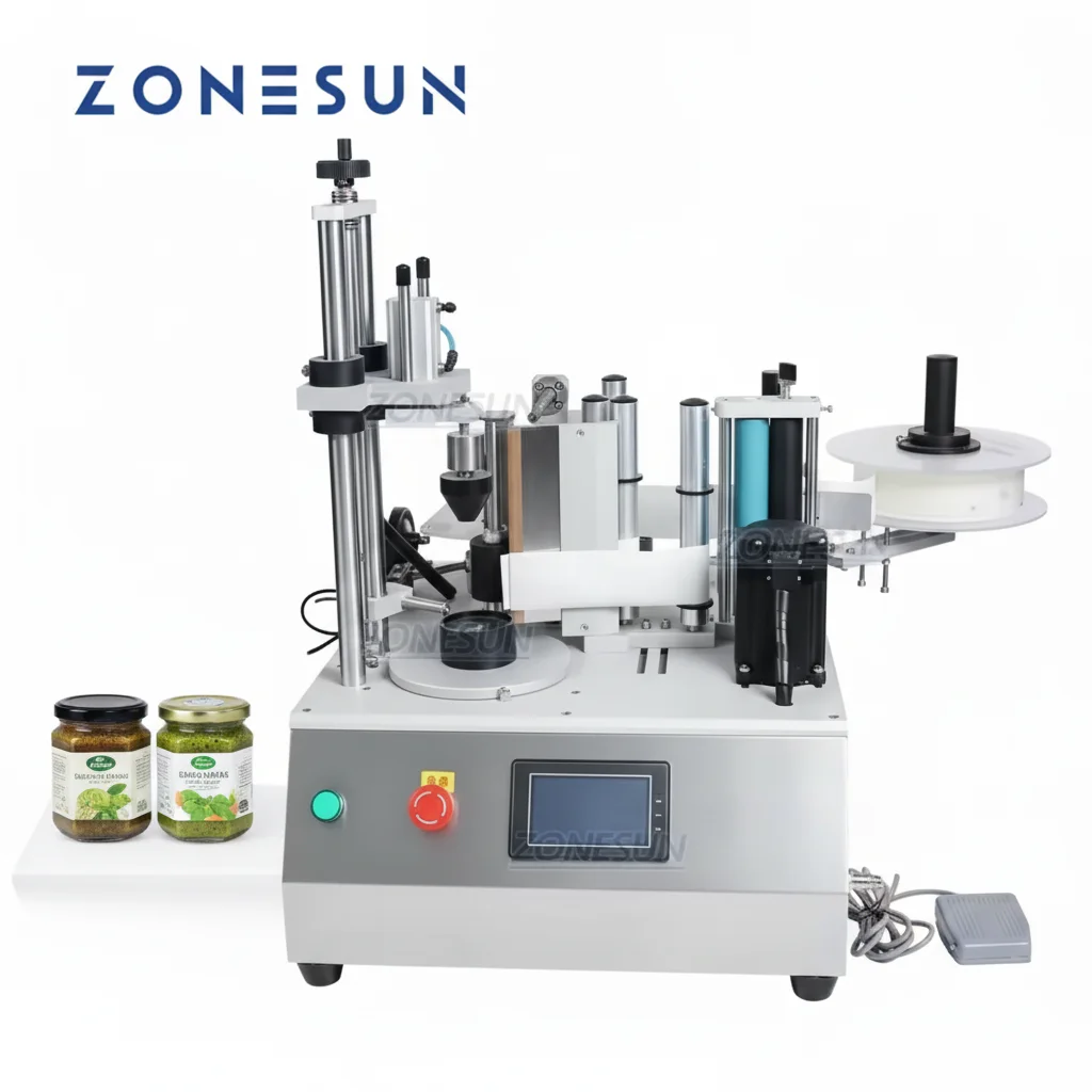 

Полуавтоматическая этикетировочная машина ZONESUN ZS-TB300W для медовых бутылок с соусом, джемом и применением этикеток