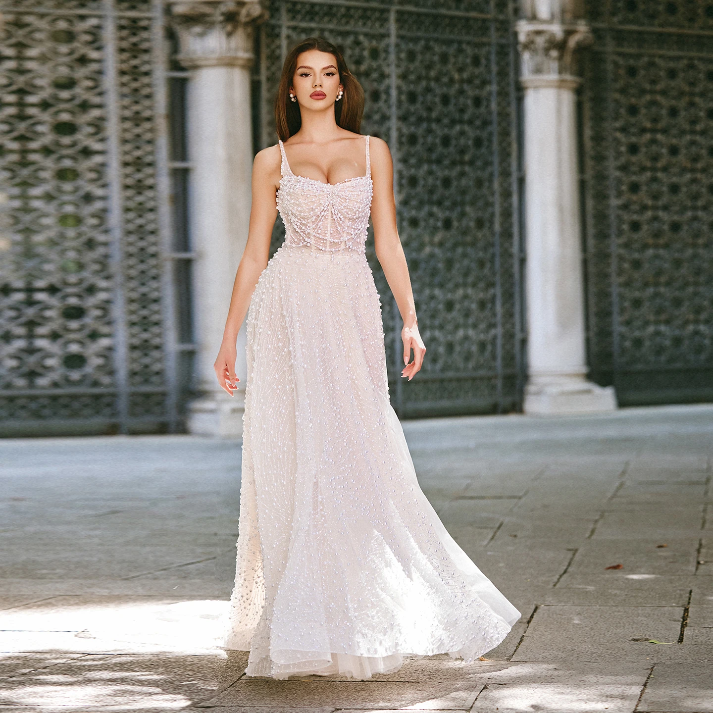 

Sharon Said Elegant Off White Pearl Tulle A-Line Wedding Dress 2025 Luxury Square Collar Princess Bride Gowns SW311 Customized