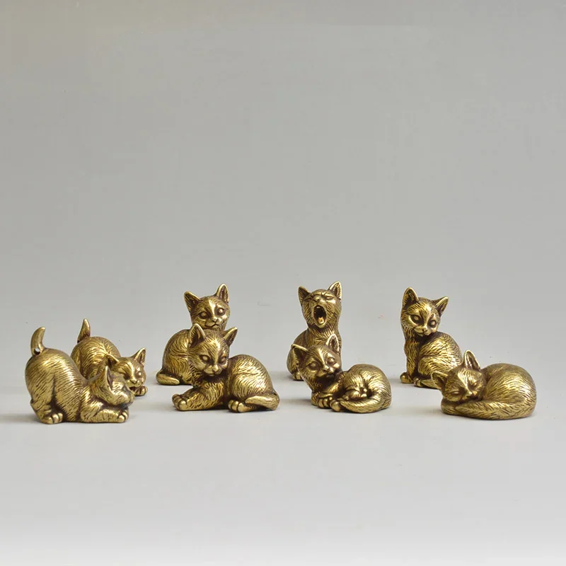 Figurines de chats mignons en laiton, 8 Styles disponibles, ornements de bureau miniatures, petits animaux classiques, thé, animaux de compagnie, accessoires de décoration pour la maison