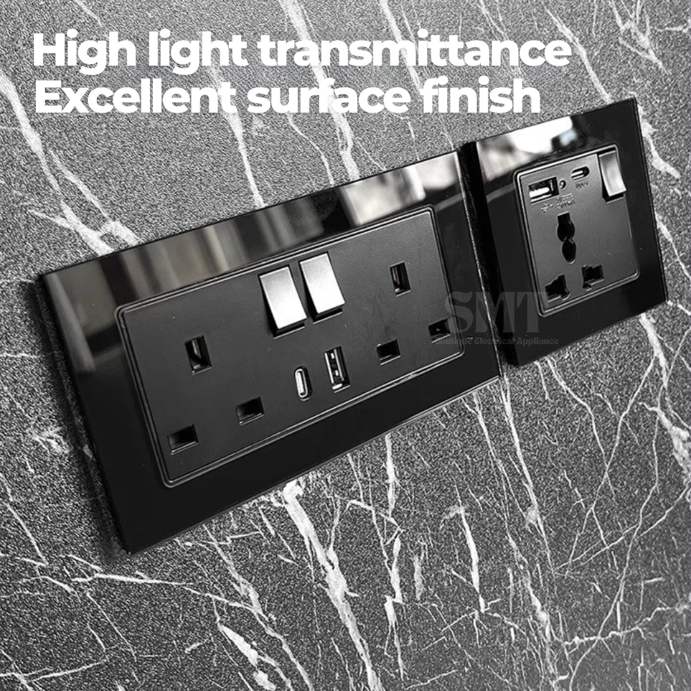 

Tempered Glass Black Rocker Light Switch 2 Way Light Button Switch EU FR UK Power Outlets USB Type C Fast Charge Switch Sockets