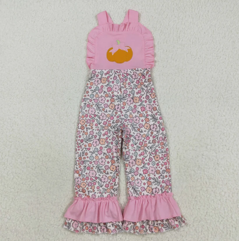 

Boutique Baby Girl Autum Pumpkin Embroidery Flowers Pink Print One Piece Overall Girls Fall Jumpsuits