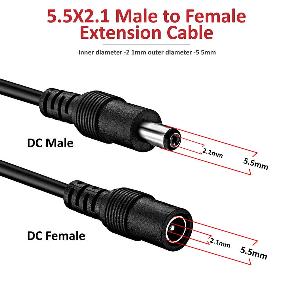 Imagem -03 - Cabo de Extensão para Câmera Cctv Masculino e Feminino Cabo de Alimentação Estender Fio 12v 5.5 mm 2.1 mm 1m 2m 3m 5m 10m dc