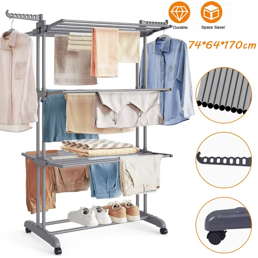Dreistufiger, faltbarer Wäscheständer aus Metall mit feststellbaren Rollen – freistehender Wäscheständer, 172 cm hoch, 24 Trockenstangen, tragbarer Wäscheständer, platzsparendes Design, geeignet für