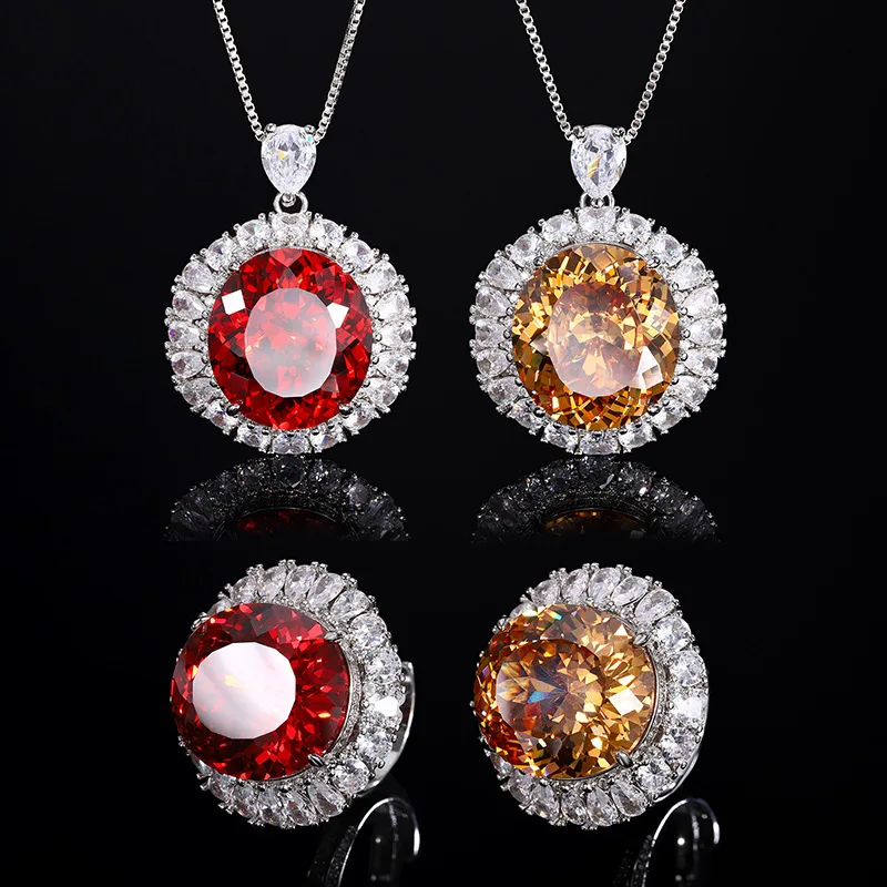 

Oval Red Champagne Purple Aquamarine High Carbon Diamond Pendant Necklace Adjustable Ring Micro Pave Zircon 2 Pieces Jewelry Set