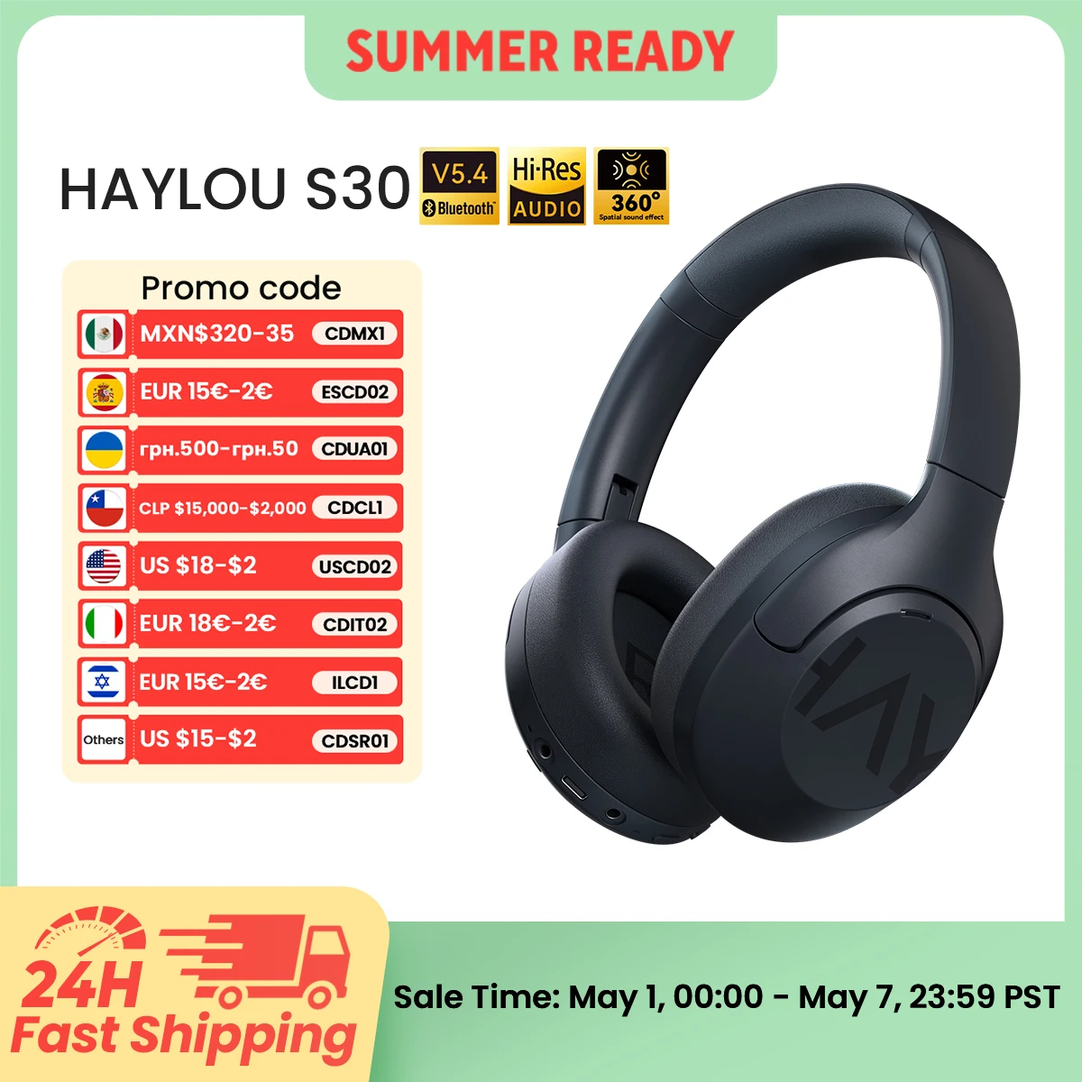 HAYLOU S30 무선 블루투스 5.4 헤드폰, 43dB 적응형 노이즈 캔슬링 헤드셋, 40mm 드라이버, 80H 재생 시간...