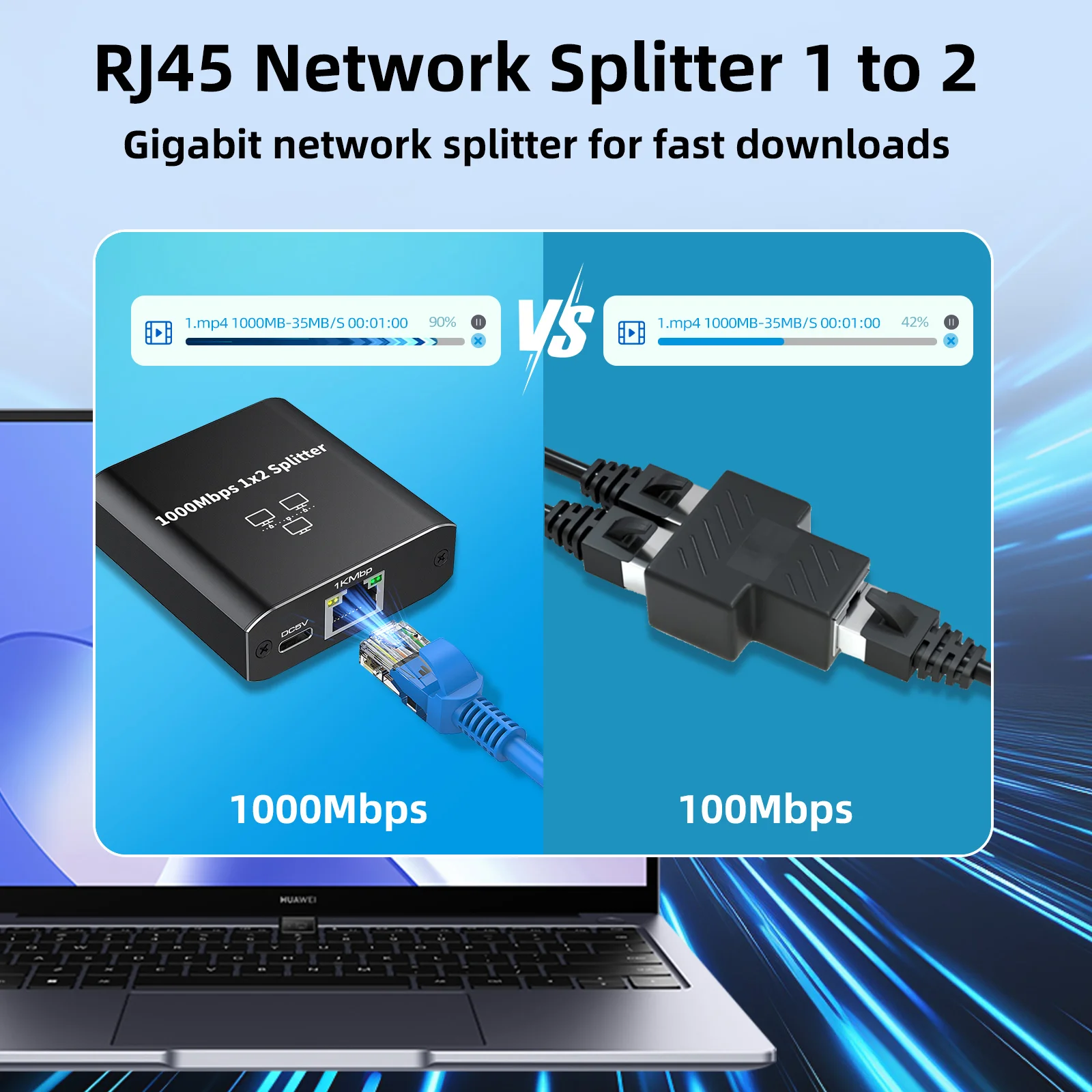 Répartiteur Ethernet LAN avec câble d\'alimentation de type C, commutateur Gigabit pour concentrateur d\'ordinateur, 1 à 2, 1000Mbps, 2 ports