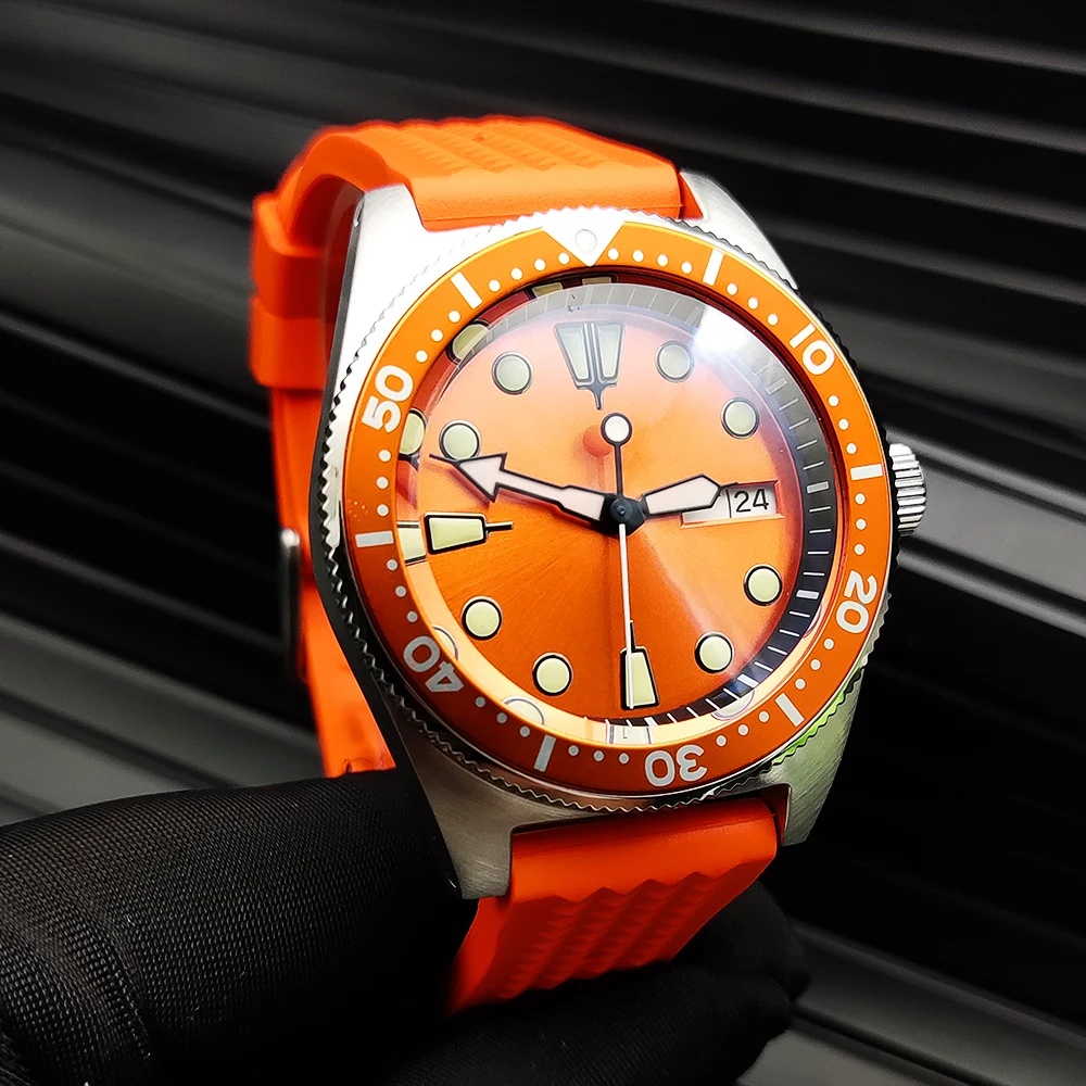 Zegarek męski automatyczny mechaniczny japonia NH36 Luminous Sapphire wodoodporny szczotkowany zegarek ze stali nierdzewnej Fashion Orange