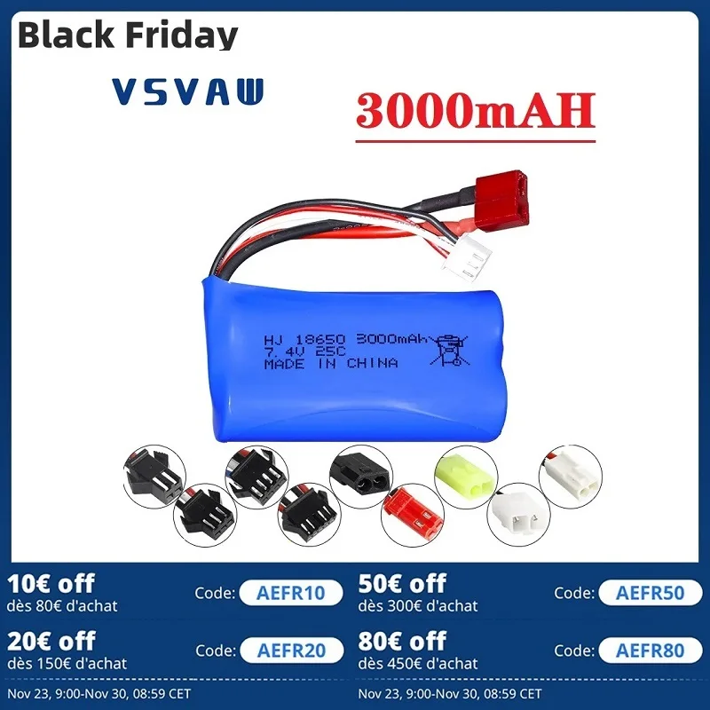 Batterie Lipo 7.4V 3000mah 18650 pour voiture RC Q46 Wltoys 10428/12428/12423 X9115 Q46, accessoires de rechange, batterie 2S haute capacité