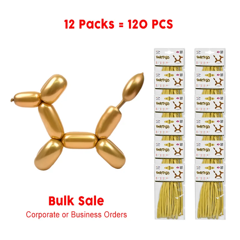 120 Total Pieces: 12 Packs of 10 Pieces Each - 10-Inch Metallic Long Latex Balloons in Gold,