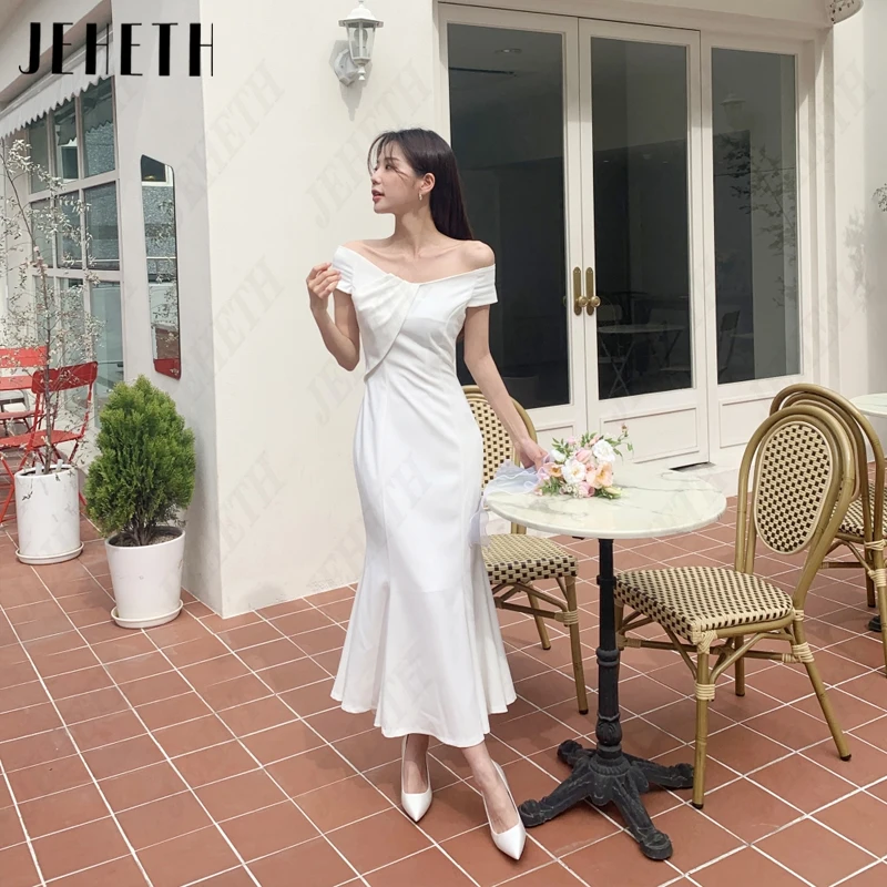 JEHETH V-Neck Pleat Mermaid Korea Bridal Gowns For Women Off Shoulder Wedding Dresses Satin Vintage 웨딩드레스 Photography Tea-Length