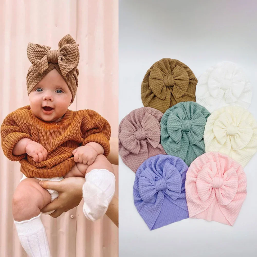 Solid Color Knotted Beanie for Baby Girls Large Bow Turban Infant Beanies kids Thick Warm Outdoor Bonnet Caps Boys Winter Hat