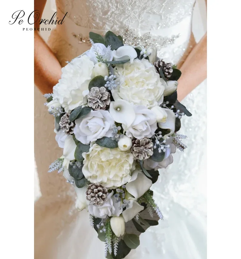 PEORCHID Christmas Wedding Bouquet Artificial Flowers Frosted Pine Cones Peonies Woodland Winter Cascade Bridal Bouquets