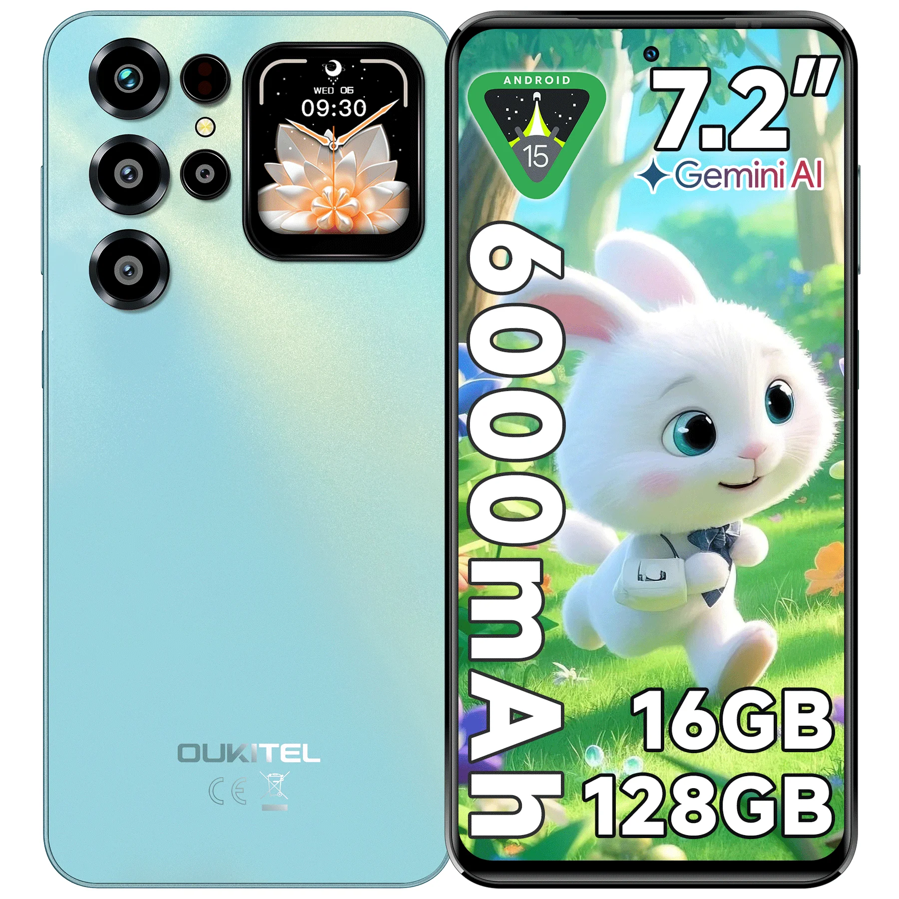 OUKITEL C68PLUS Entsperrtes Handy, Android 15 Smartphone, 6000mAh, 64MP + 8MP Frontkamera, 16GB RAM + 128GB ROM/1TB, 7,2" großes HD-Display, 1,81" hinteres Sub-Display, schlankes, leichtes 4G LTE
