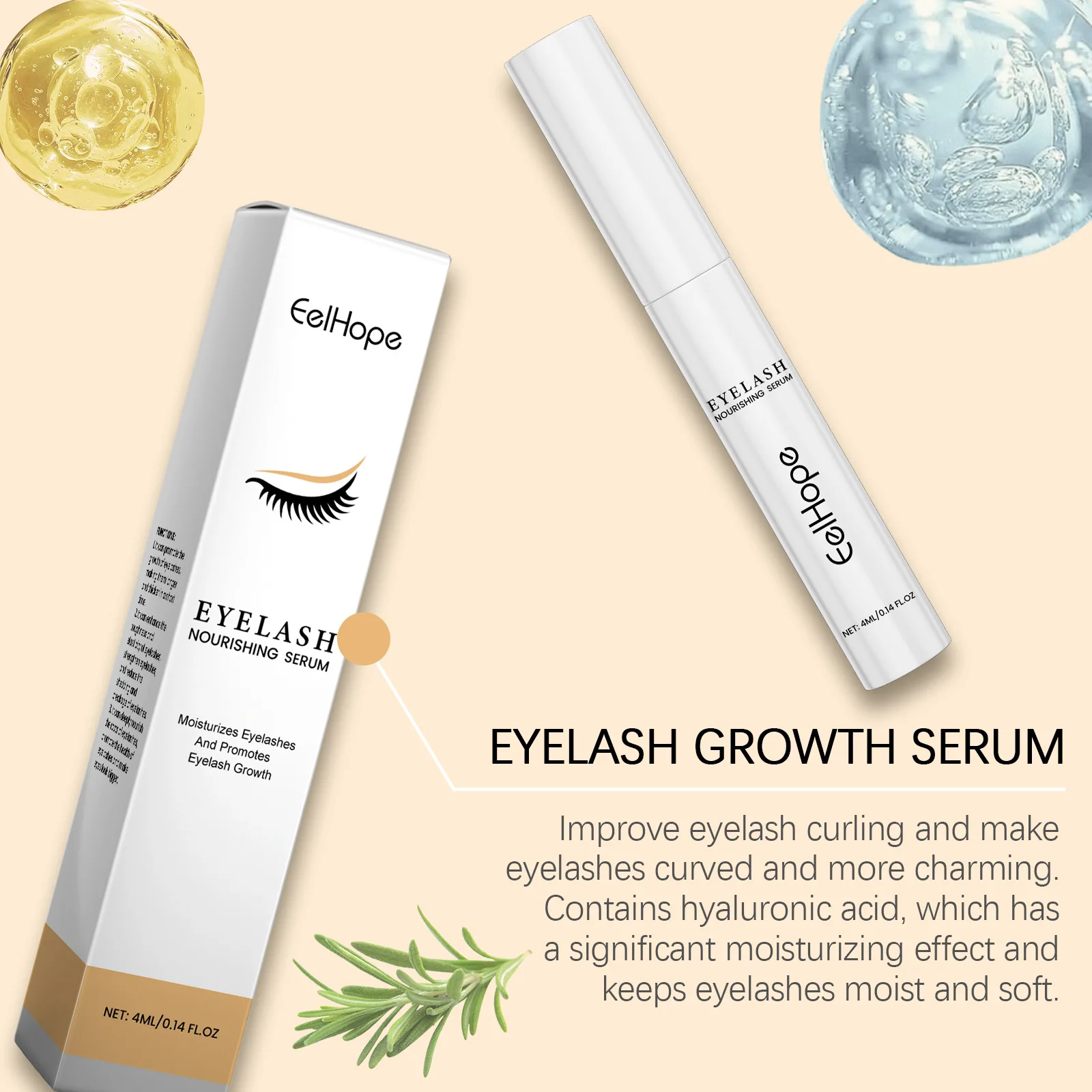 Eelhope 4 ml Wimpernwachstumsserum, schnelle Verbesserung der lockigen Wimpern, Augenbrauen, schnelle Verlängerung, Make-up-Verlängerung, Wimpern, nährt Serum