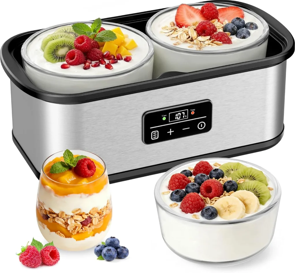 Digital Yogurt Maker with 2 Large Glass Containers,cewajbaa Adjustable Timer & Temperature Control, Stainless Steel Homemade Yogurt Fermenter Household Kitchen Appliance