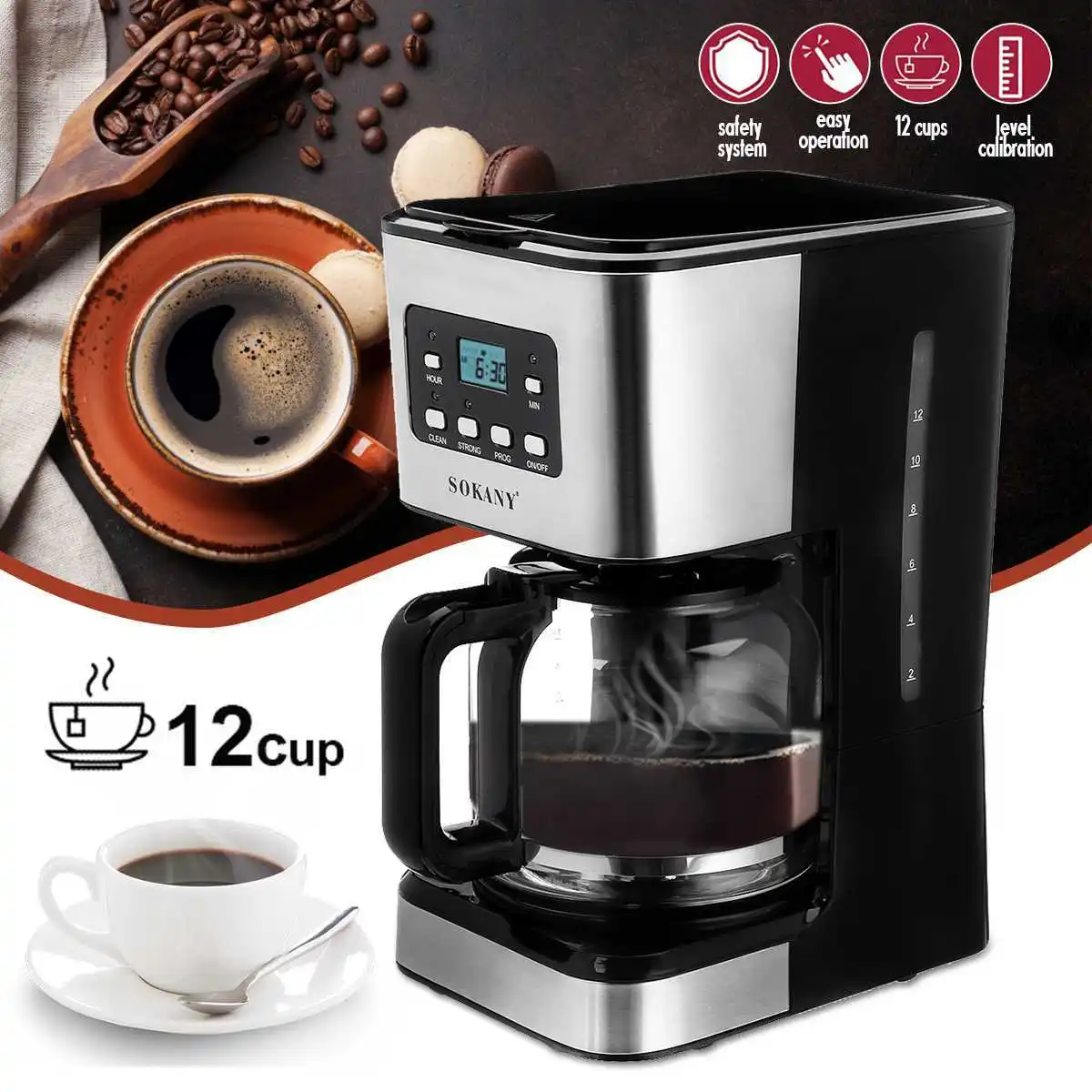 Machine � caf� � filtre automatique 950W, 12 tasses, percolateur de caf� en acier inoxydable, Machine de broyage de caf� goutte � goutte de cuisine