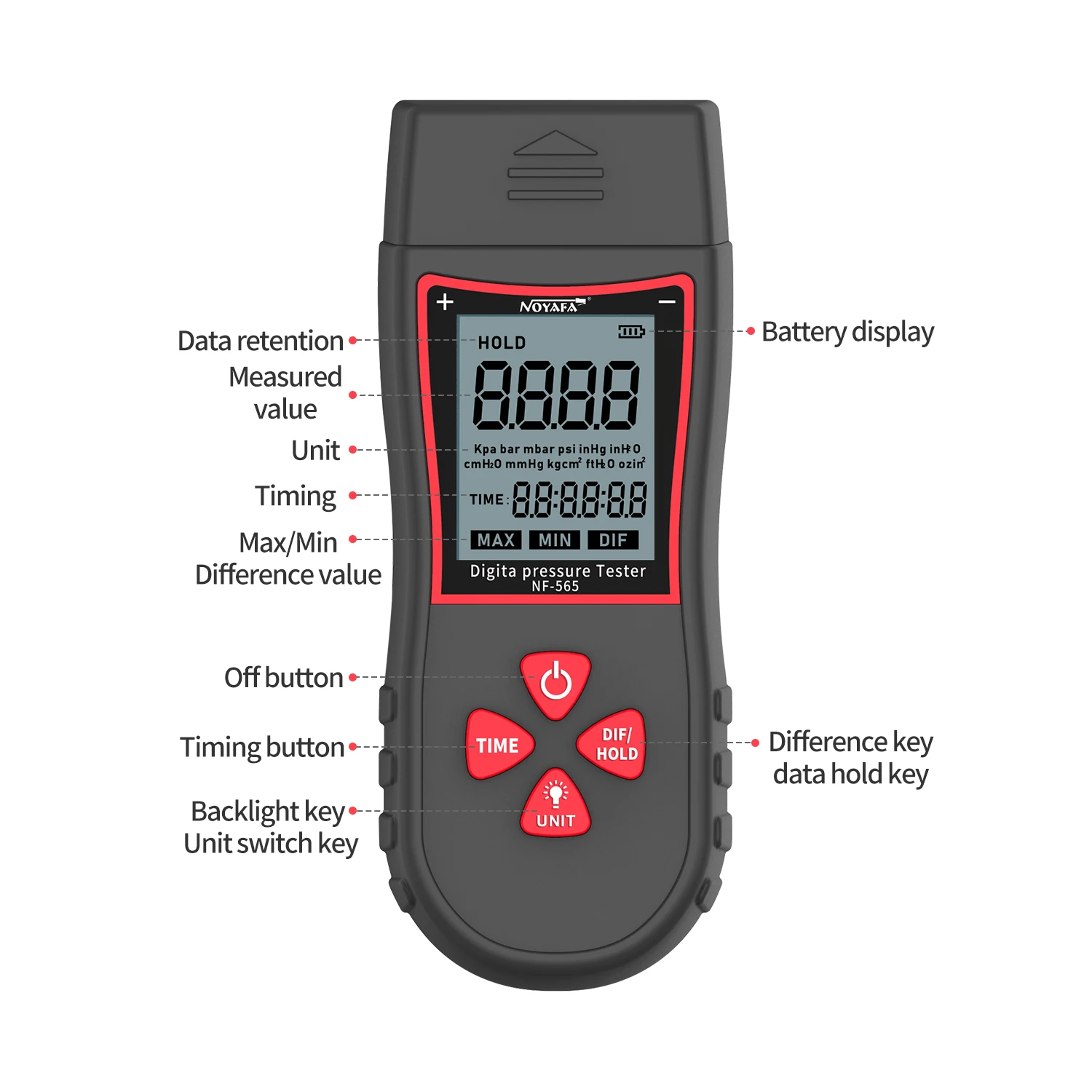 Noyafa Digital Pressure Gauge Manometer NF-565 Micro Air Differential Negative Gauge ±105 KPaAir Precision Kit Detector Meter