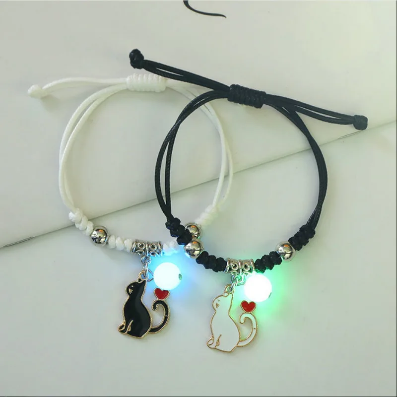 Fashion Luminous Beads Couple Bracelet Adjustable Braided Rope Lock & Key Matching Friend Lover Bracelets Party Jewelry Gift