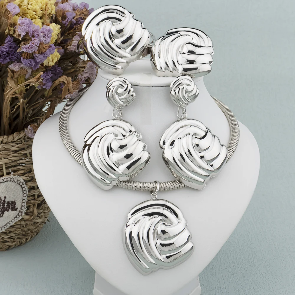 Luxus Weibliche Schmuck-Set Gold Farbe Halskette Großen Kreis Ohrringe Armreif Ring für Mode Frauen Dubai Afrikanischen Partei Schmuck – Detail 7