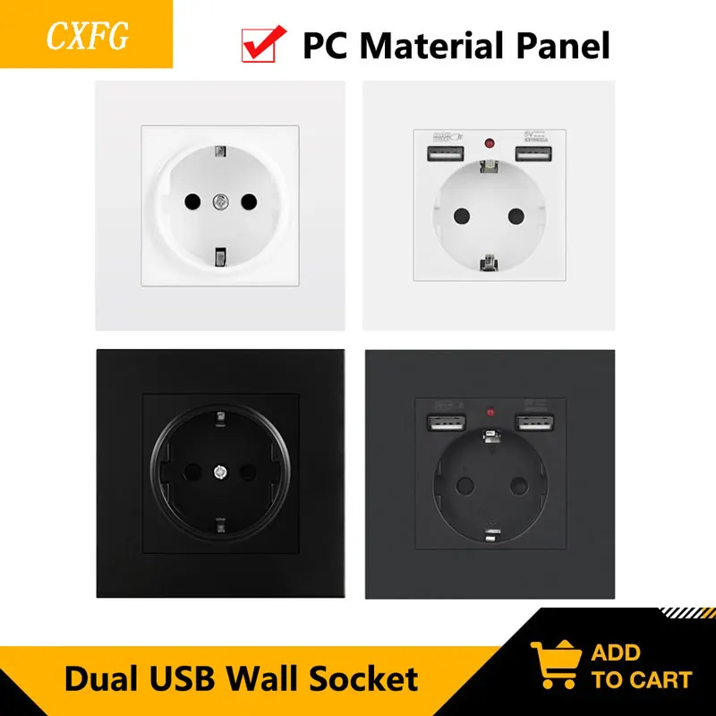 European Standard 86 German Socket With Dual USB Charging 16A Wall Power Socket PC Panel Black White Embedded Socket With Box