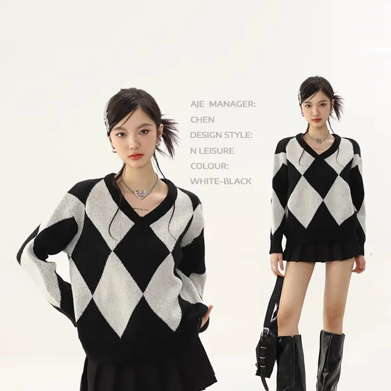 

Autumn Winter New Long Sleeve V-neck Pullover Diamond Loose Knitted Sweater Warm Pullover Sweater Women's