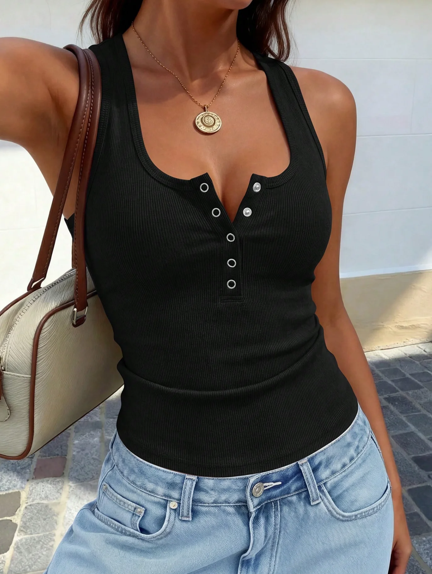 Women's Henley Collar Ribbed Tank Top, U-Neck Hidden Button Sleeveless Slim Fit Short Tank Top, Casual Solid Color Basic Style