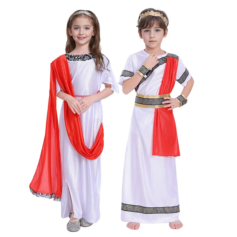 Kid's Grecian Toga Fancy Dress Up Ancient Roman Emperor Child Greek Goddess Costume for Girls Boys Halloween Purim Outfits