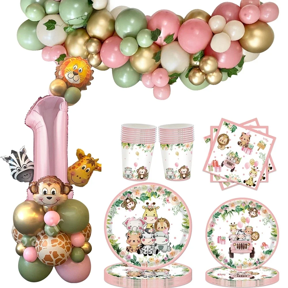 Tour de ballons en Carton d'animaux sauvages, 1 ensemble, avec vaisselle d'animaux roses, décorations de fête d'anniversaire sur le thème de la Jungle sauvage pour filles
