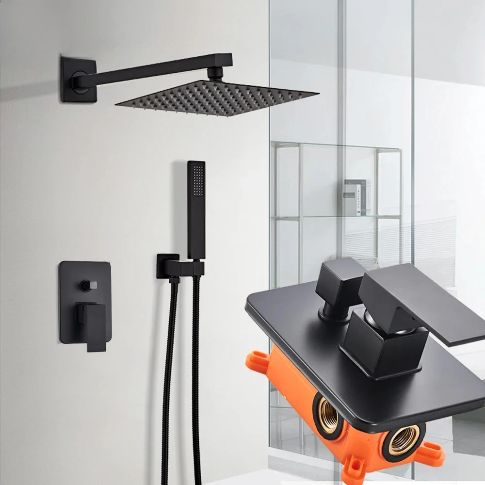 POIQIHY robinet de douche mural intégré, pomme de douche en acier inoxydable, mitigeurs de douche, noir mat