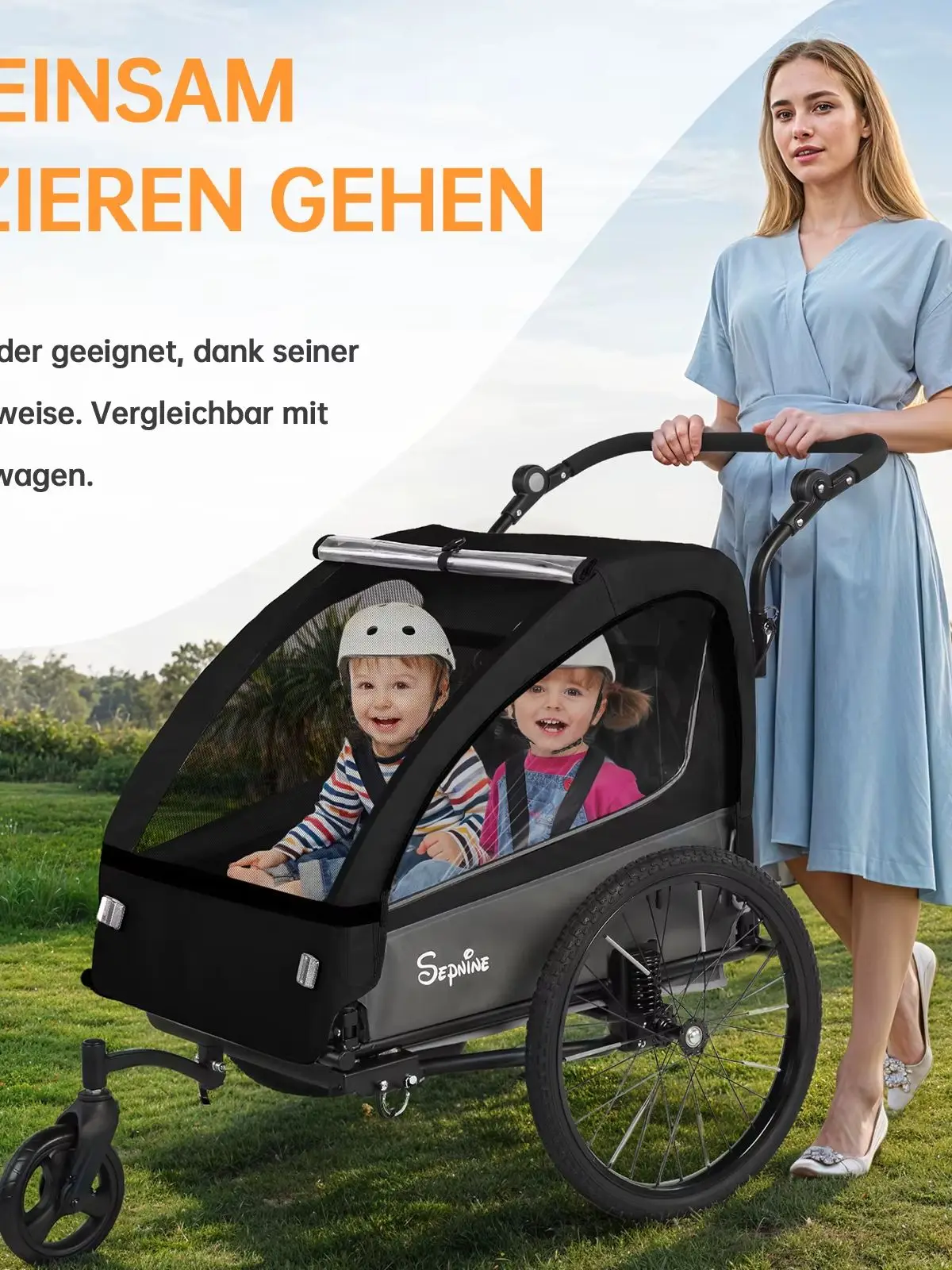 Sepnine BT920 Fahrrad-Lastenträger, Kinderfahrradanhänger und Kinderwagen 2-in-1, der stoßdämpfende Reifen verfügt über einen atmungsaktiven, sicheren und faltbaren Stauraum.