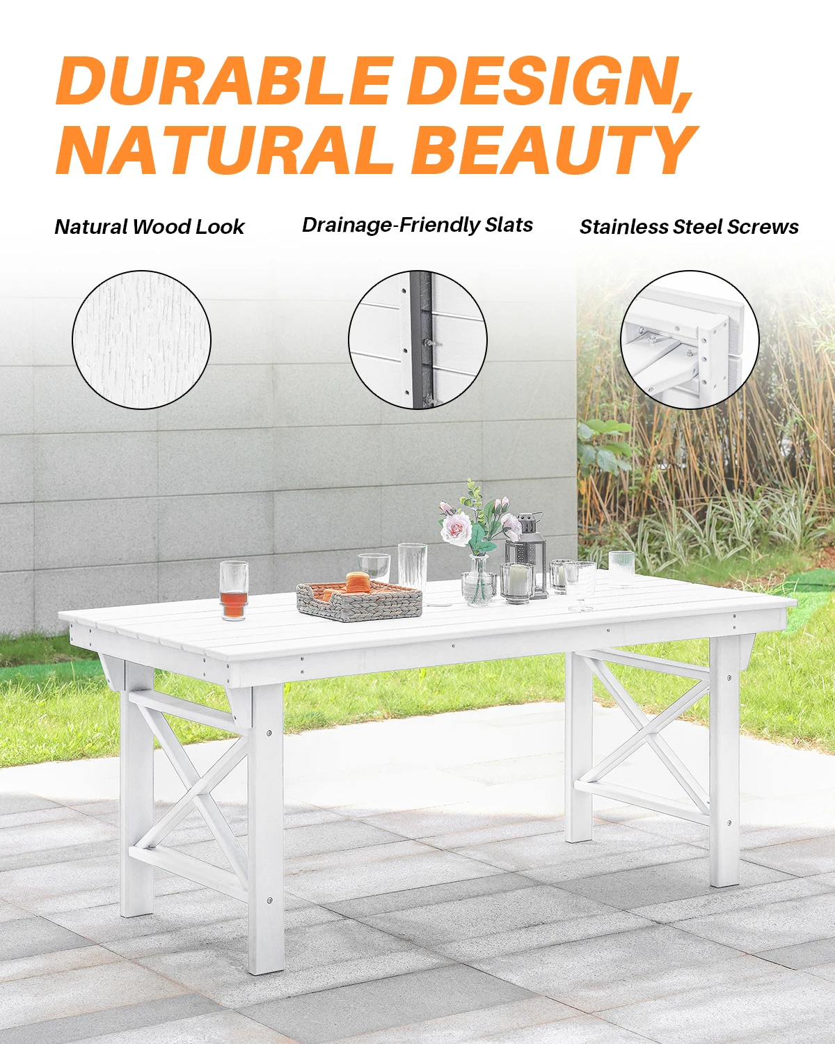 Mesa de comedor para exterior SeeHill Pearl HDPE, mesa rectangular para patio de 66,9 pulgadas para 6, mesa resistente a la intemperie con orificio para sombrilla de 2,2" para jardín