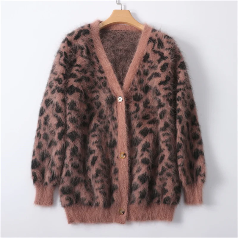 

Winter Leopard Cardigan Pullover Sexy Deep V-neck Single breasted Long Sleeve Top Women's Dress Pullover