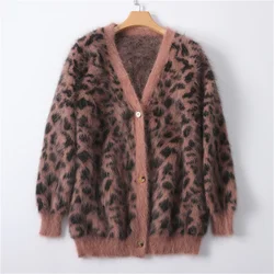 Winter Leopard Cardigan Pullover Sexy Deep V-neck Single breasted Long Sleeve Top Women's Dress Pullover