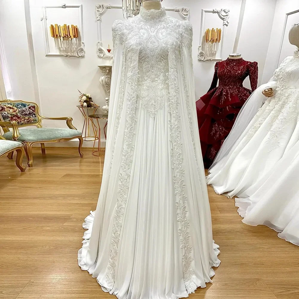 Funyue Arabisch Dubai High Neck Langarm Brautkleid Frauen Elegante Luxus Brautkleider mit Cape Islamischen Hijab Spitze Perlen