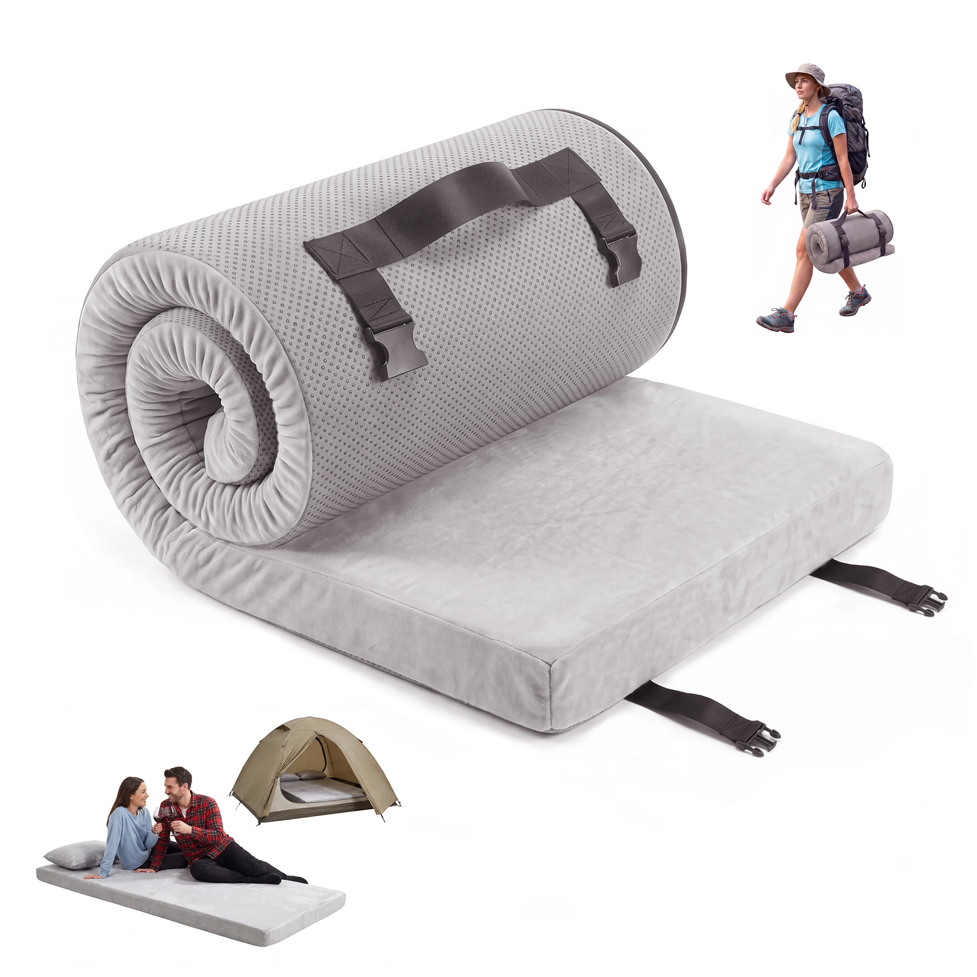 Premium Memory Foam Campingmatras, Draagbare Opvouwbare Bedmat, 5-Zone Gerichte Drukontlasting, Antislip Bodem & Afneembare Hoes met Rits, Veelzijdig Slaapmatje voor Auto, SUV, Gastenbed, Camping. 4