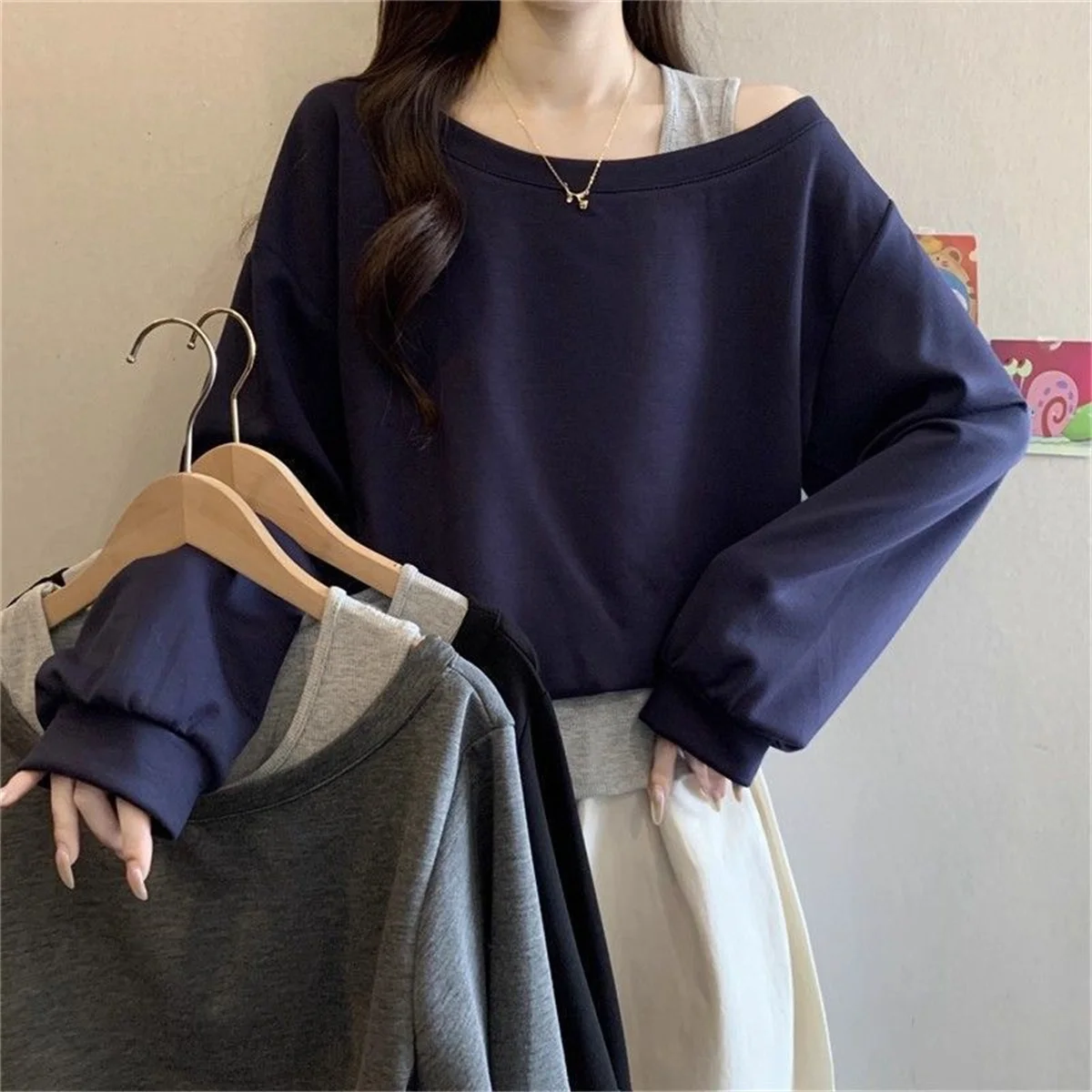 Solid Two Pieces Irregular Contrast Trend Tops Spring Autumn Loose All-match Street Casual T Shirts Fashion Lazy Women Clothing