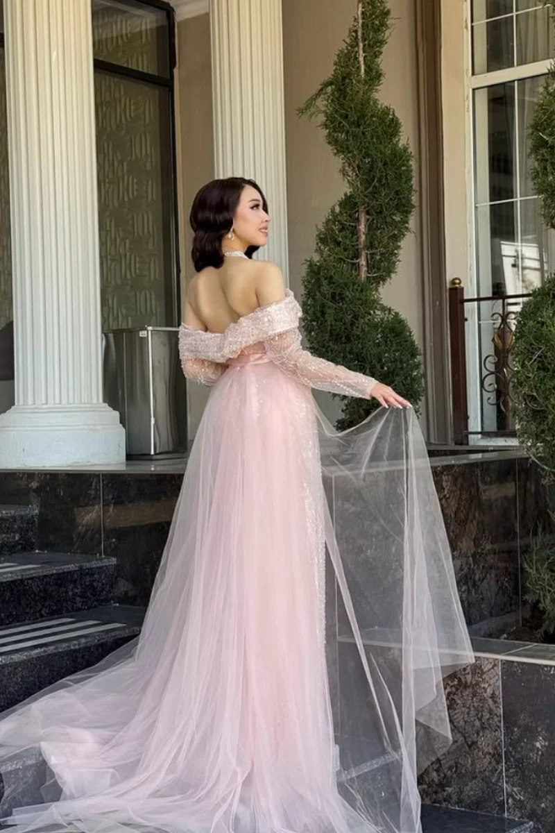 Jessica-vestidos de noche de manga larga con cuentas de tul, vestidos de fiesta de lujo de color rosa, vestidos de fiesta de boda de sirena personalizados