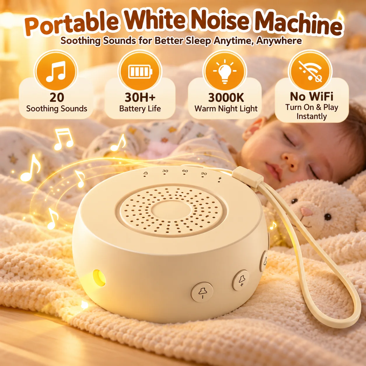 Portable White Noise Machine 20 Soothing Sounds, 30H+ Battery, Baby Sleep Sound Machine with Night Light, Timer, No WiFi
