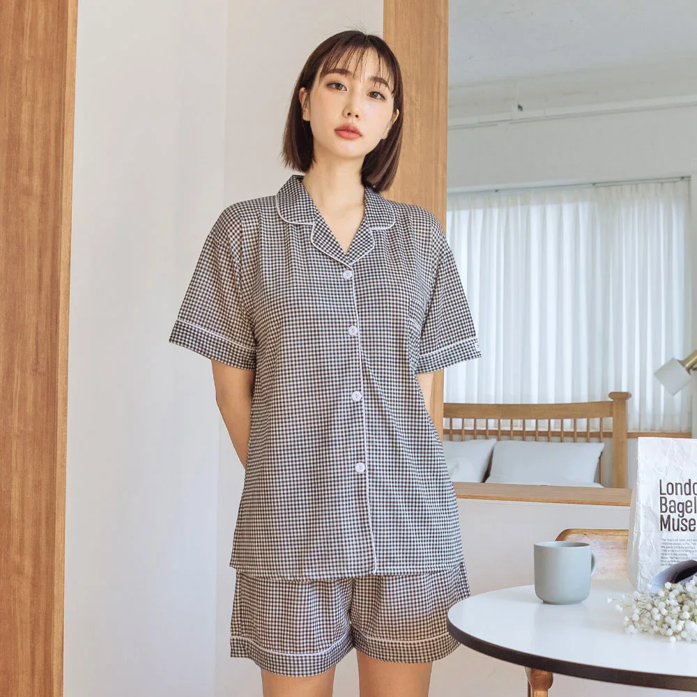 AONE Women's Cooling Short Sleeve Collar Pajama Set, Comfortable and Cool Couples Sleepwear, Homewear, Style D-9952