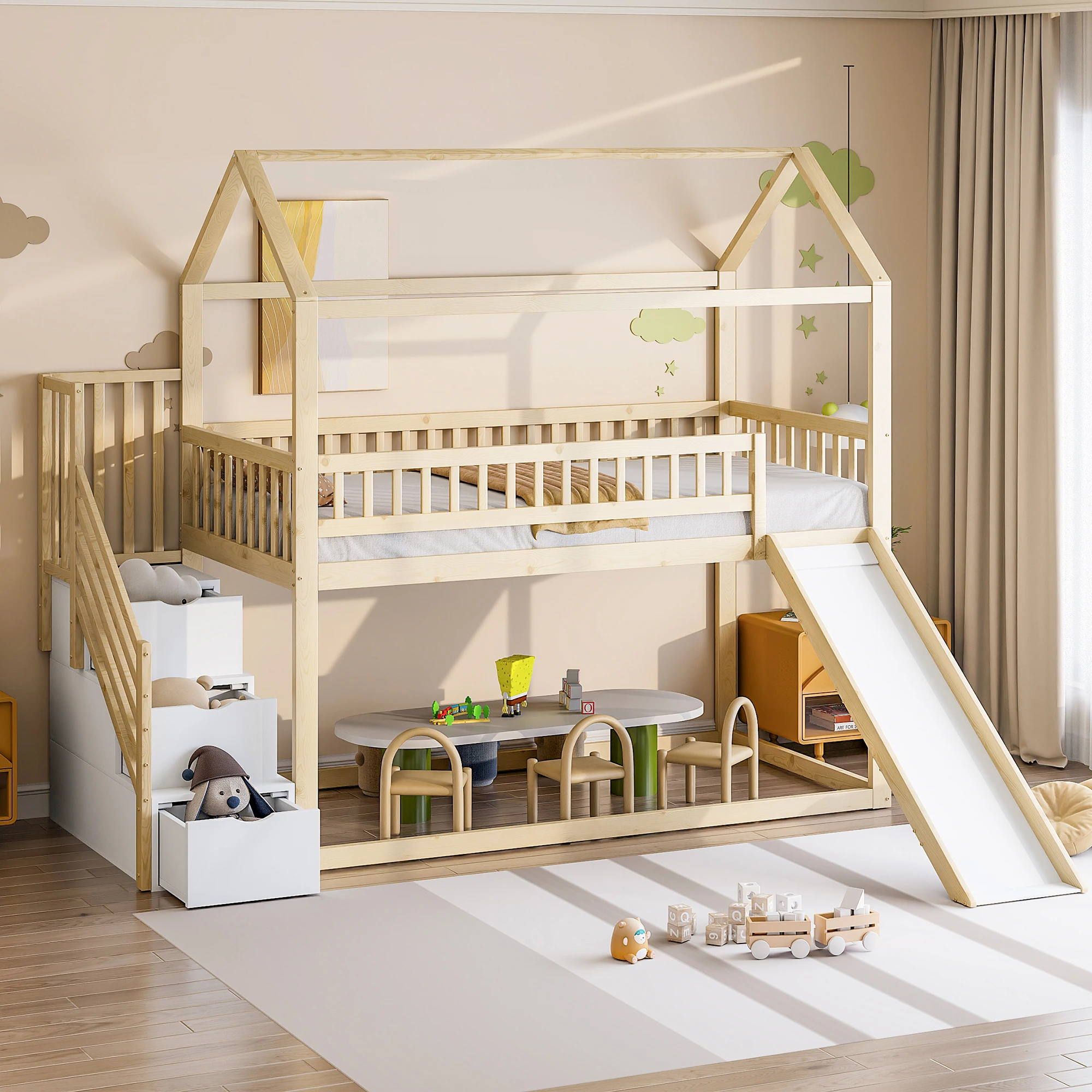 Afbeelding 3: Kinderstapelbed 90*200 cm hoog bed met glijbaan en opbergladder hoge omheining constructie massief houten bedframe met lattenbodem