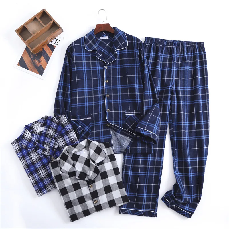 Spring Autumn Men Casual Plaid Pajama Sets Male 100% Cotton Flannel Sleepwear Suit Men Long Sleeve Turn-down Collar Home Clothes